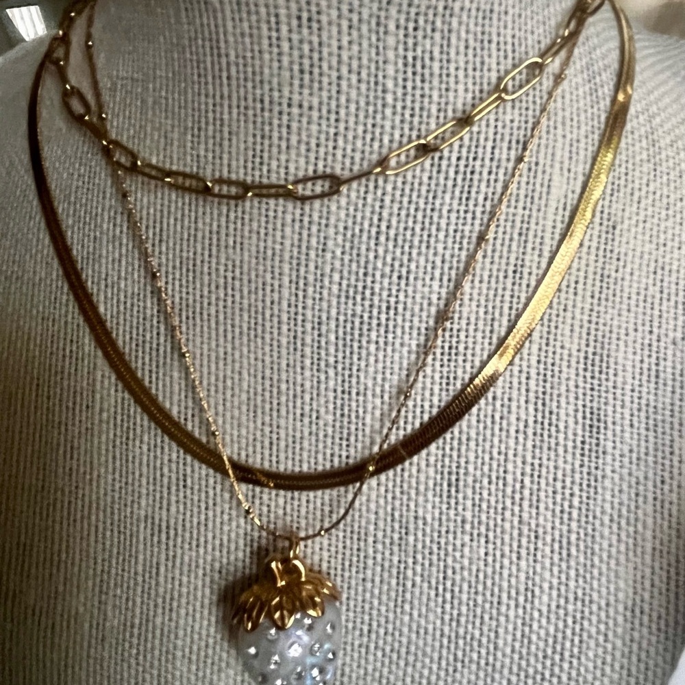 Gold and Silver Strawberry Pendant Necklace Set